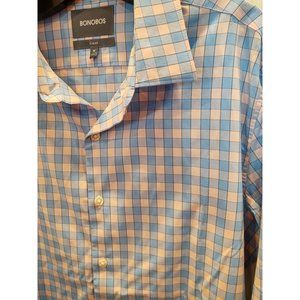 Bonobos Mens Shirt M Slim Fit Pink Blue Check Plaid Long Sleeve Button Up Casual